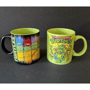 Lot Of 2 Teenage Mutant Ninja Turtles Ceramic Mugs Green&Black 2016 Nickelodeon